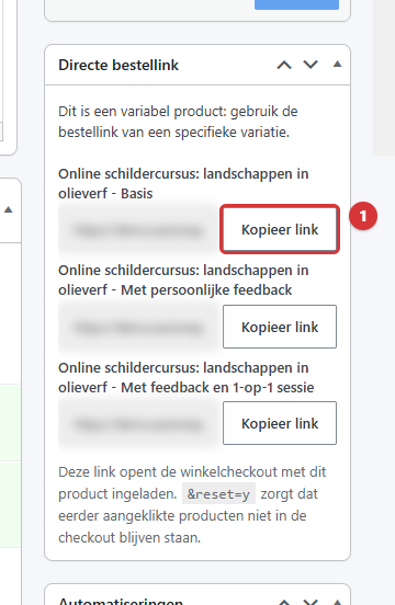 Blok Directe bestellink met een bestellink per variant en de knop Kopieer link