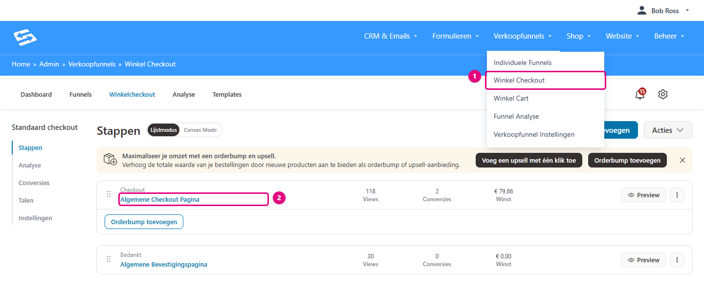 Menu Verkoopfunnels met Winkel Checkout en de stap Algemene Checkout Pagina