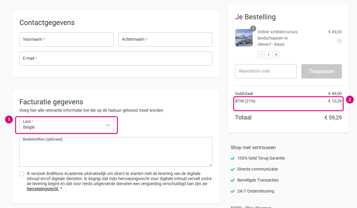 Checkout met een digitaal product: alleen het veld Land in de facturatiegegevens en de btw in het overzicht