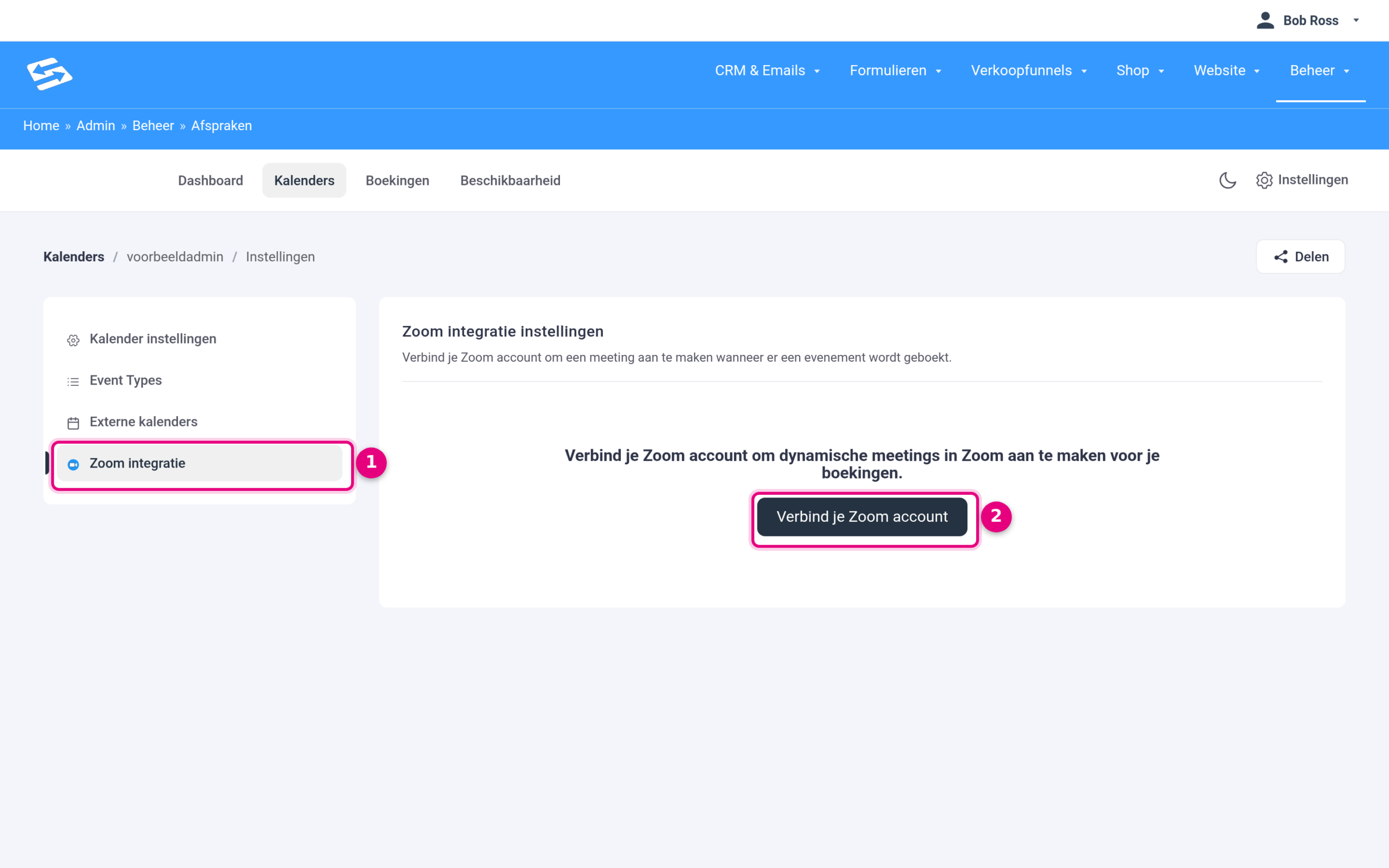 Het scherm Zoom integratie instellingen binnen Host instellingen van een kalender